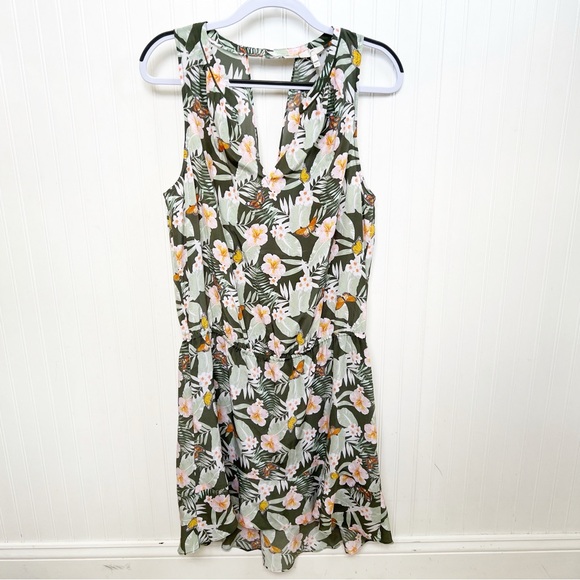 Joie Sabera Silk Dress Women’s Size Large Green Tropical Floral Butterfly Print - Picture 2 of 6